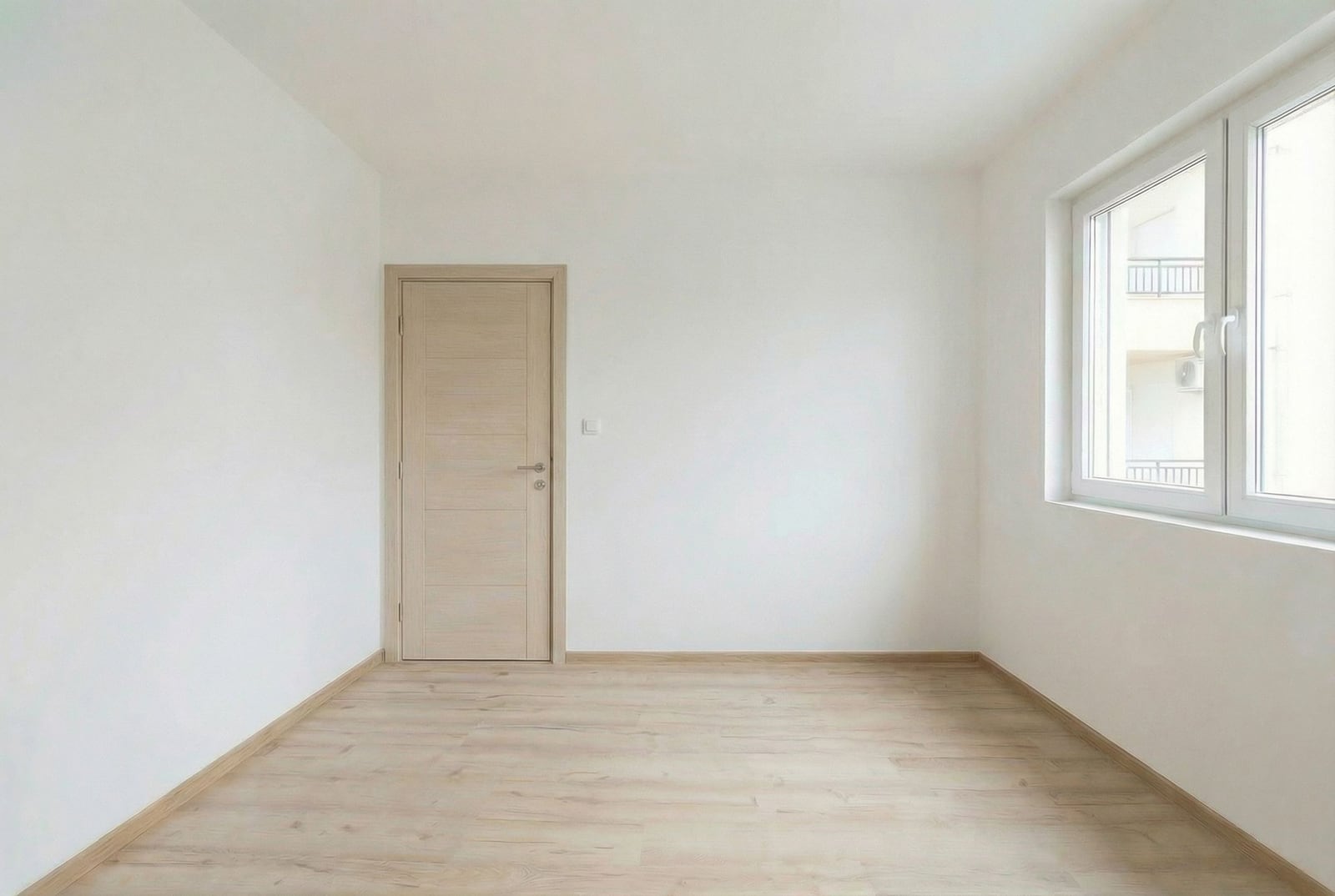 Bright empty bedroom with laminate flooring and white walls in an apartment, Budva, Montenegro.
