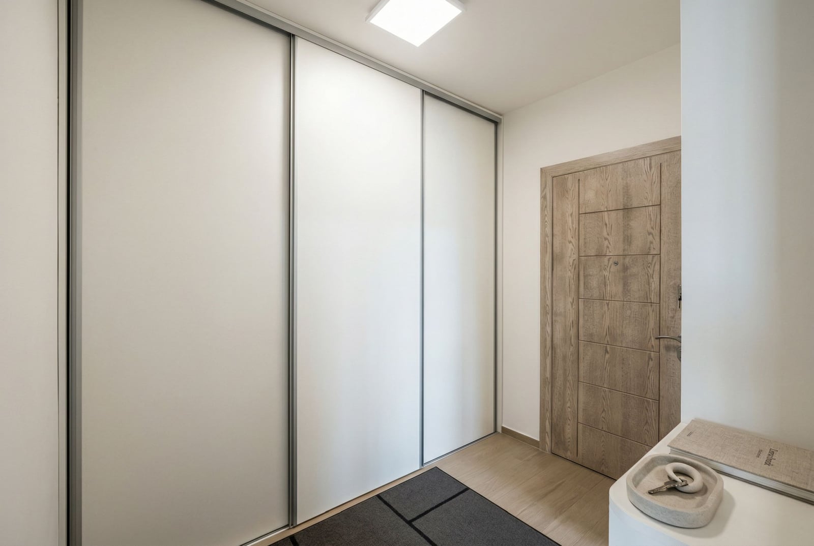 Hallway in an apartment in Bečići, Montenegro: built-in white sliding wardrobe, wood-finish interior door, and light flooring.