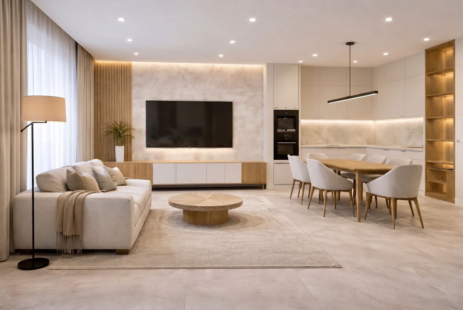 Modern living room in a townhouse, Rezevici, Montenegro: bright interior, upholstered furniture, kitchen, and dining area.