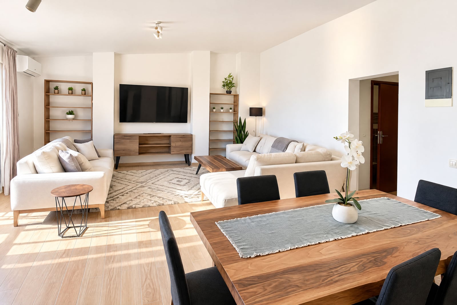 Bright living room with white sofas, wooden dining table, wall-mounted TV, and open shelving units.