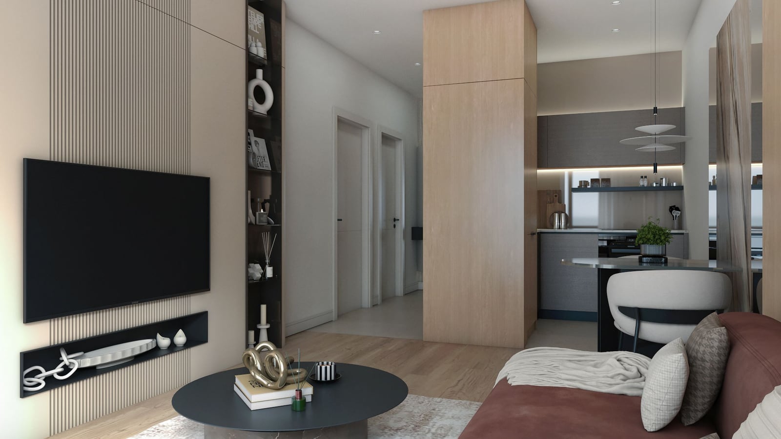 Modern living room with kitchen in Bar, Montenegro: designer wood finishes, a soft sofa, and a TV area.