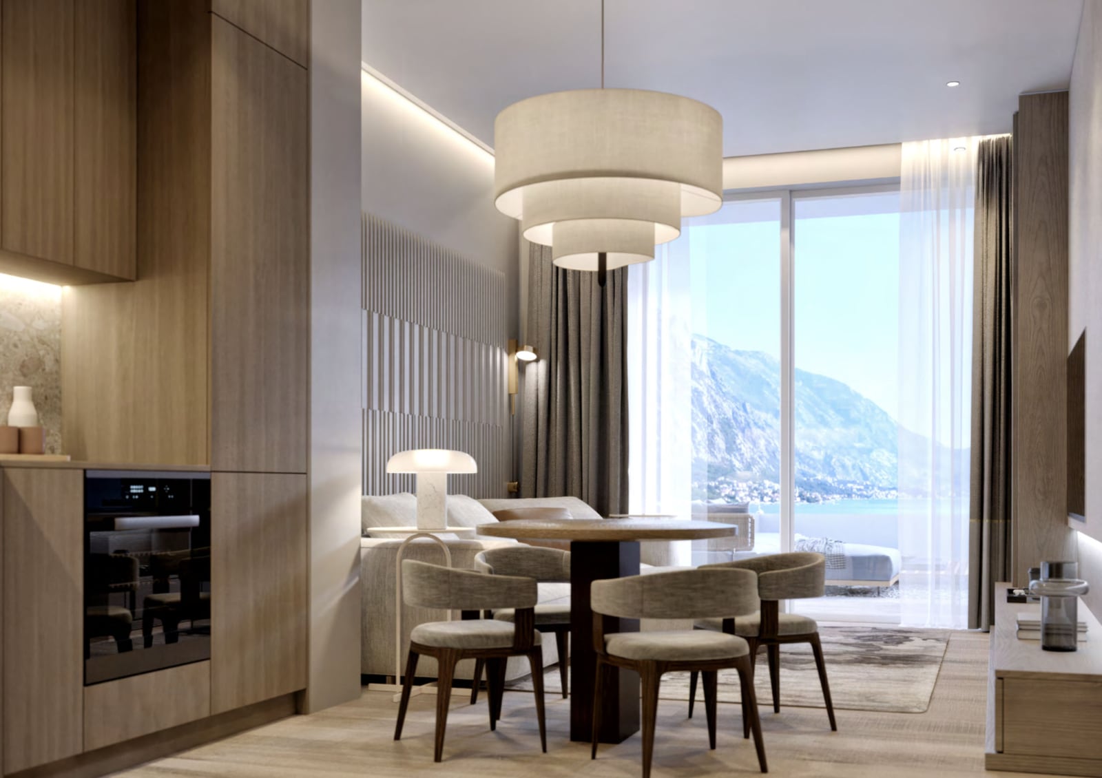 Modern living room with kitchen in an apartment in Orahovac, Montenegro, with panoramic sea and mountain views, furniture, and designer ...