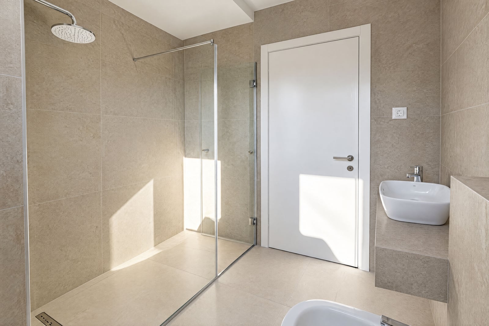 Modern bathroom featuring a glass shower enclosure, vessel sink, beige wall tiles, and a white door.