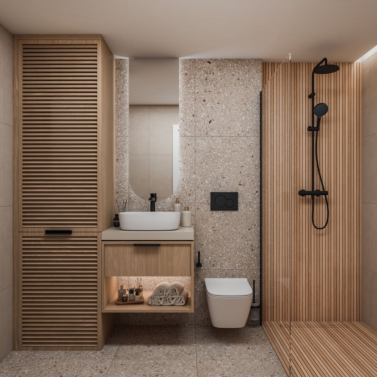 Modern bathroom in the Bar residential complex, Montenegro: terrazzo-style finishes, slatted wooden panels, and black fixtures.