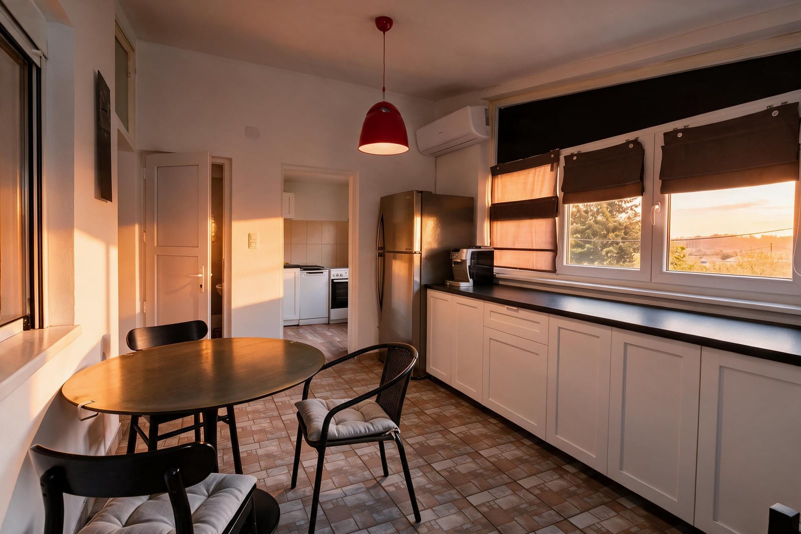 Kitchen area with white cabinets, refrigerator, dining table, and red pendant light near a window with Roman shades.