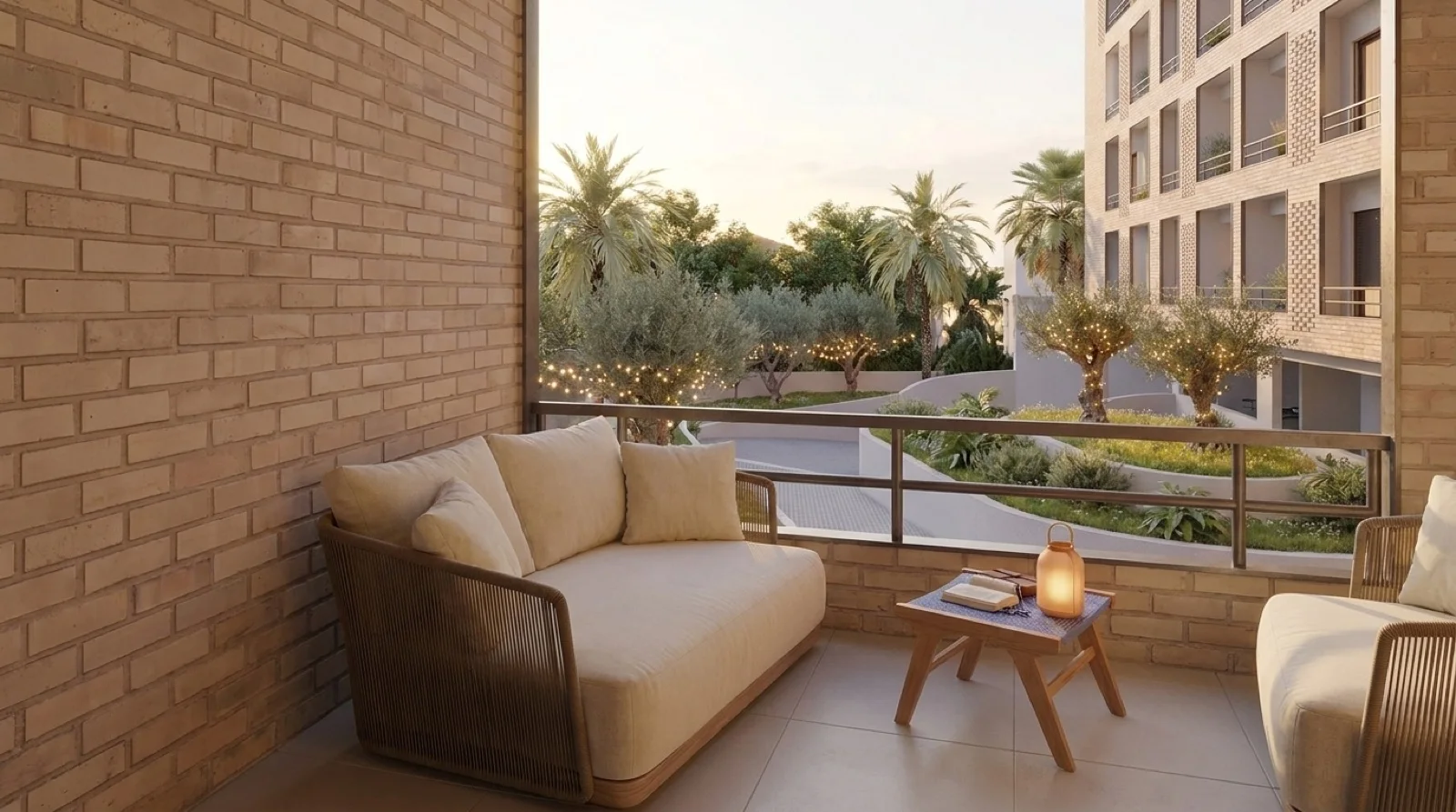 Cozy balcony with woven furniture, brick wall, and a view of a garden featuring palm trees and string lights.