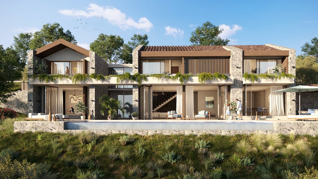 Modern villa with a pool and stone facade finishing in Luštica, Montenegro: panoramic windows and terraces.