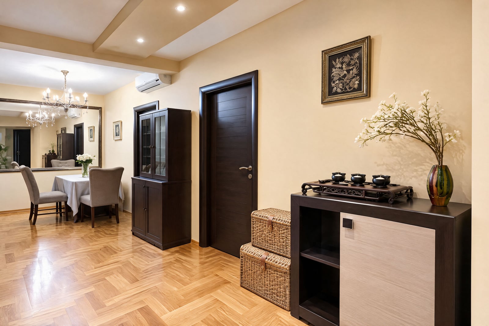 Entryway with parquet flooring, dark furniture, a large mirror, and a view into the dining area.