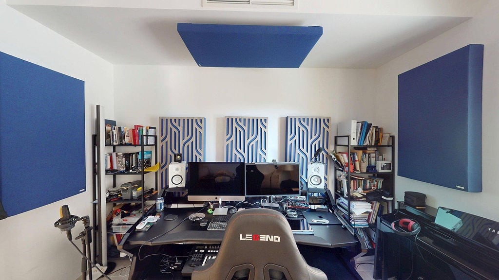 Home recording studio with acoustic panels and a workspace in an apartment, Luštica, Montenegro.