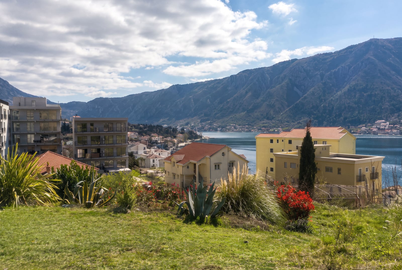 Scenic exterior view of a bay and mountains featuring residential buildings and a grassy foreground.