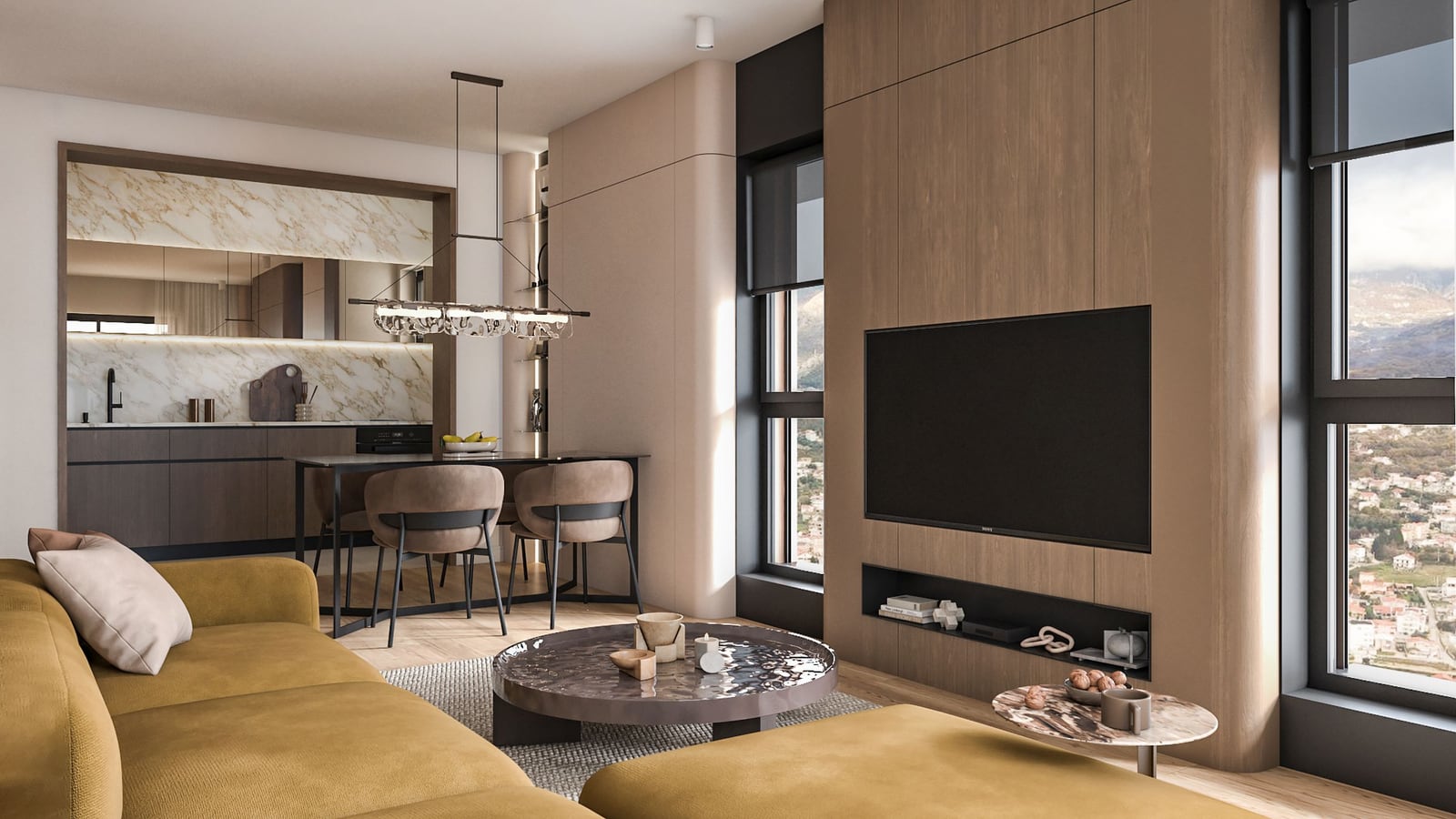 Modern living room with kitchen in a residential complex in Bar, Montenegro: designer furniture, panoramic windows, and mountain views.