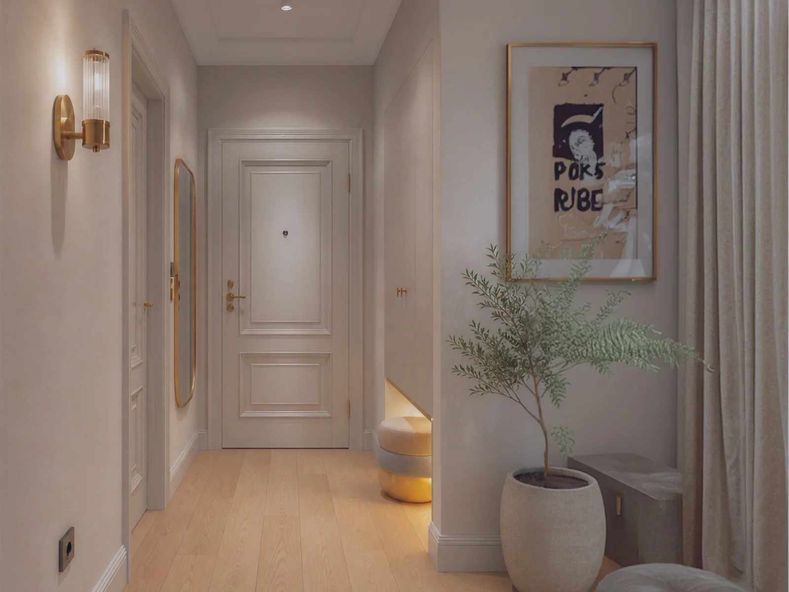 Bright hallway with a white entry door, gold wall sconce, tall mirror, and a large potted plant on light wood floors.