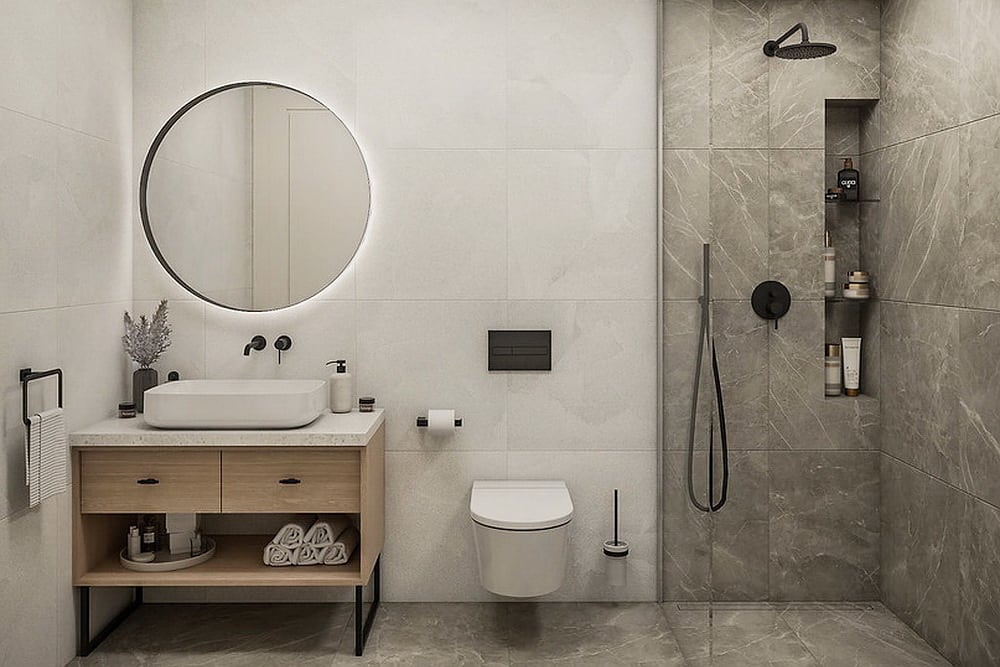 Modern bathroom with a shower cabin and marble-style finish in an apartment, Luštica, Montenegro.