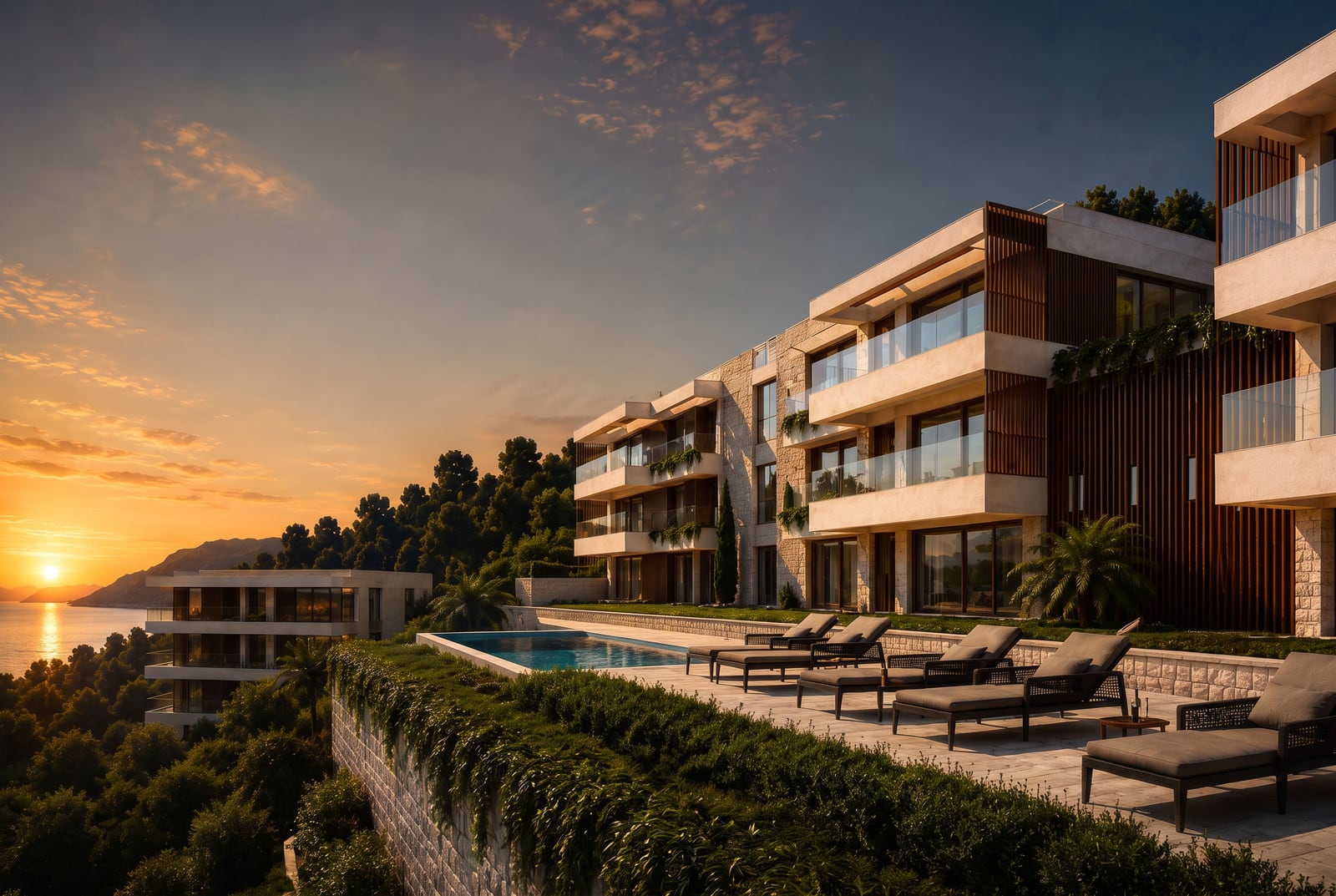 Modern building exterior with pool and loungers overlooking the sea at sunset.