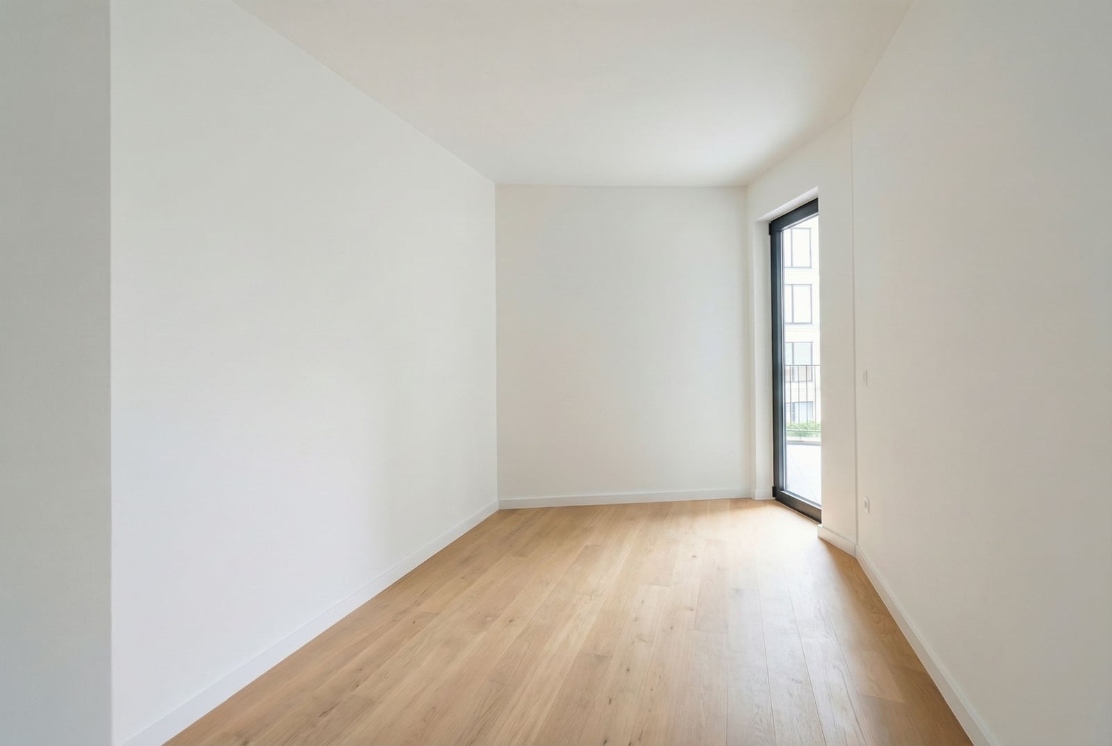 Bright empty bedroom with parquet flooring and access to the balcony in a new apartment, Becici, Montenegro.