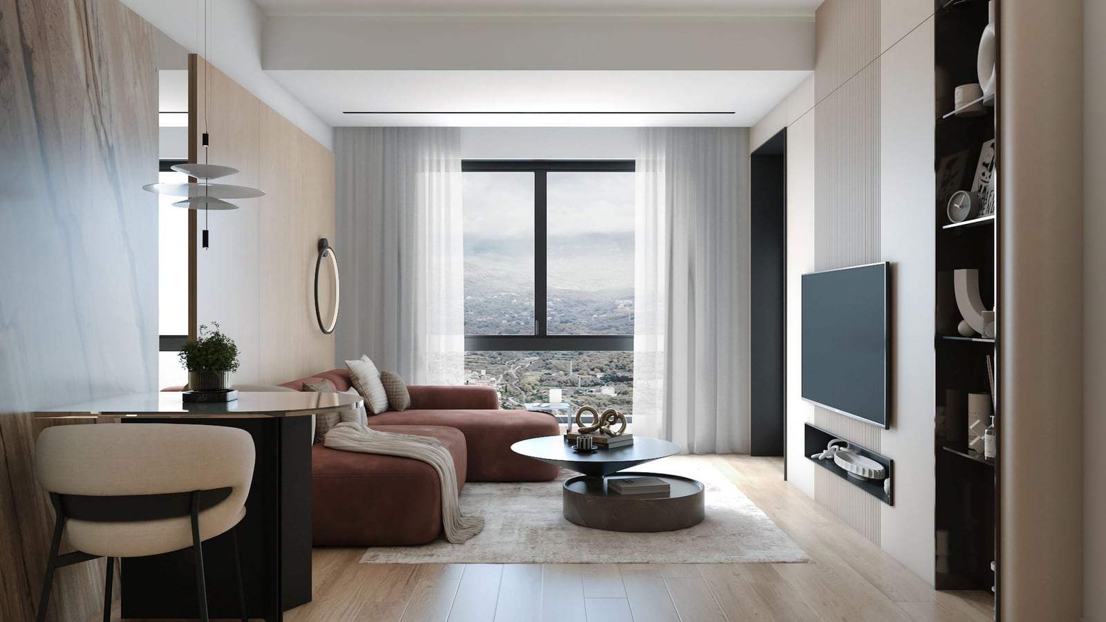Modern living room with a terracotta sofa in Bar, Montenegro: panoramic mountain view, stylish interior, and decor.