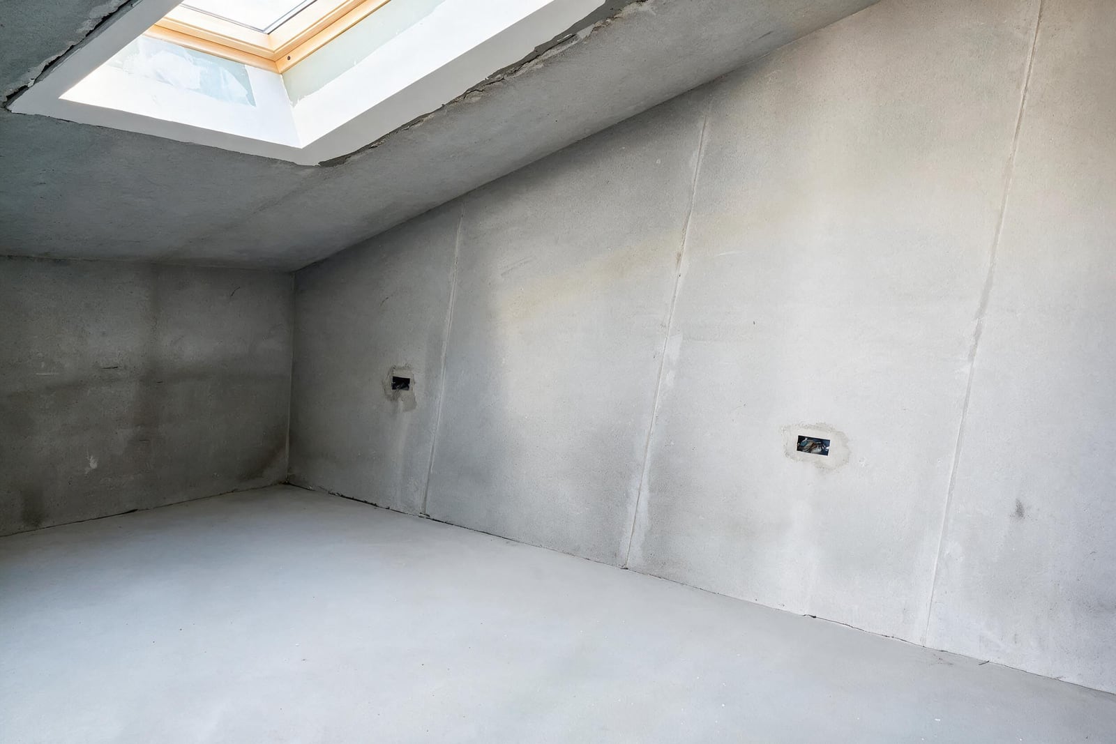 Empty unfinished room with concrete walls and floor, skylight window, and exposed electrical outlets without finishing.