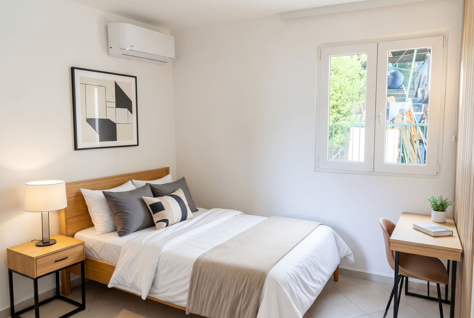 Modern bedroom in a house in Krašići, Montenegro: double bed, desk, and air conditioning in light tones.