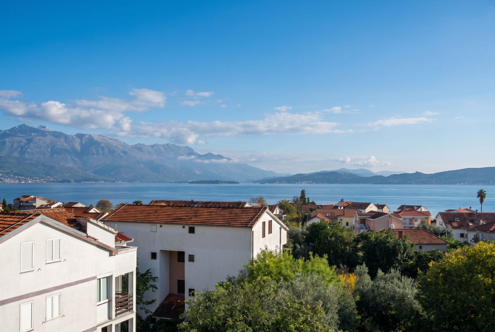 Panoramic sea and mountain view from an office space in Baošići, Herceg Novi, Montenegro.