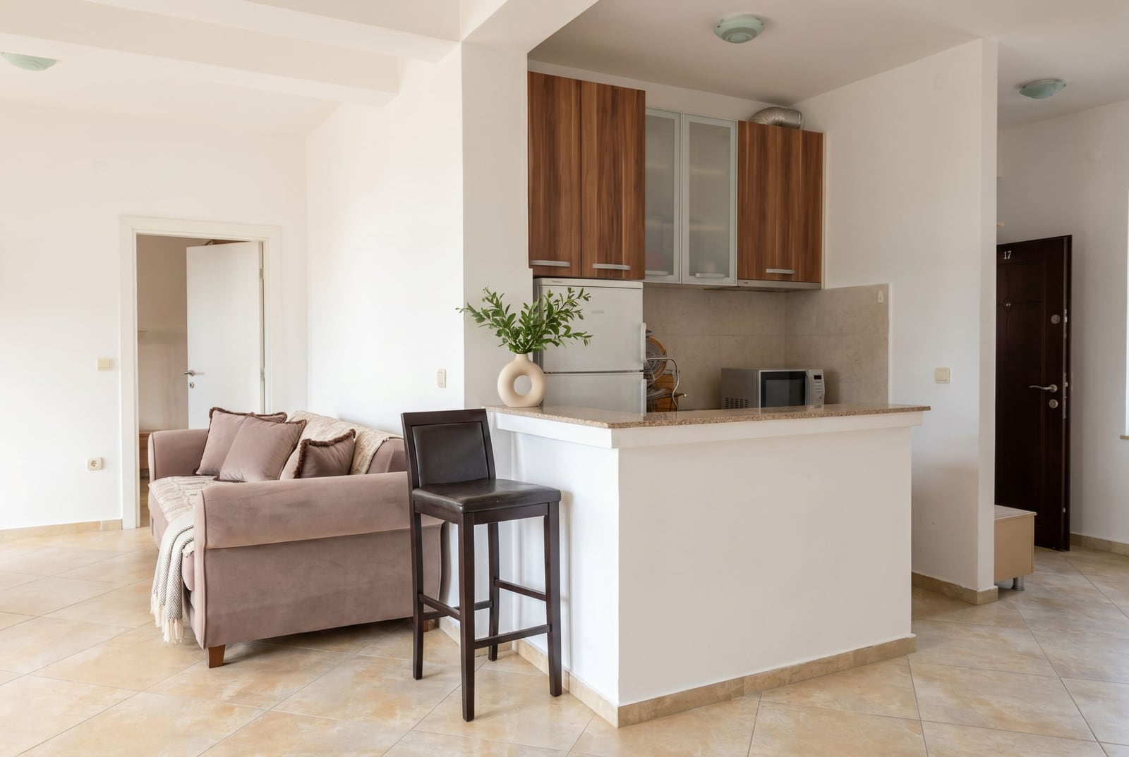 Living room with kitchen in an apartment in Rafailovici, Montenegro: beige sofa, bar counter, and modern finishes.