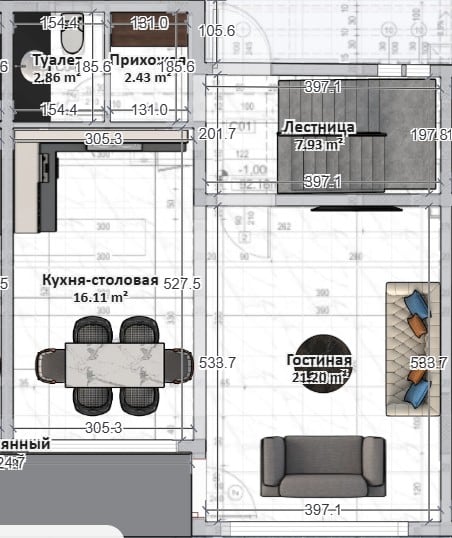 Villa floor plan in Reževići, Montenegro: kitchen-dining room, living room, hallway, bathroom, and staircase to the second floor.