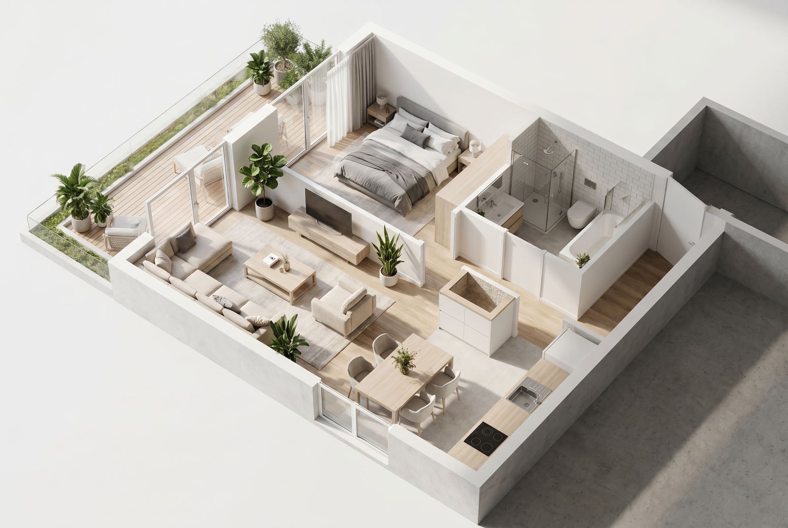 3D floor plan of an apartment in Tivat, Montenegro: living room, bedroom, terrace, kitchen, and modern bathroom.