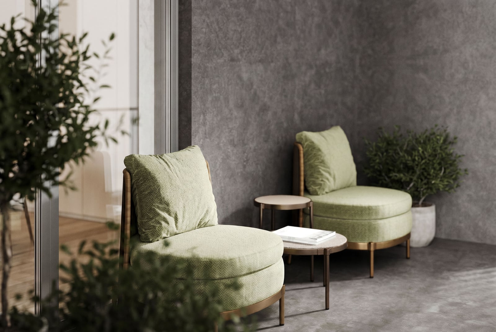 Cozy lounge area on an apartment balcony in Sveti Stefan, Montenegro: green armchairs, coffee tables, and decor.