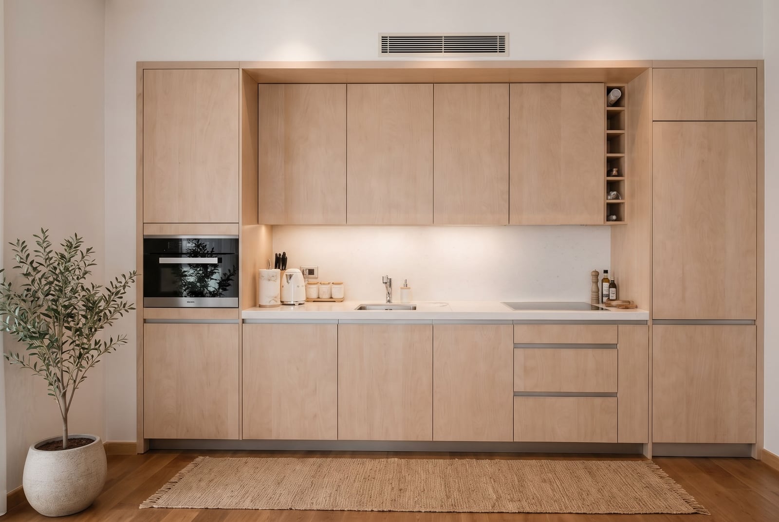 Modern kitchen with light wood cabinets, built-in oven, sink, white countertop, and a potted plant.