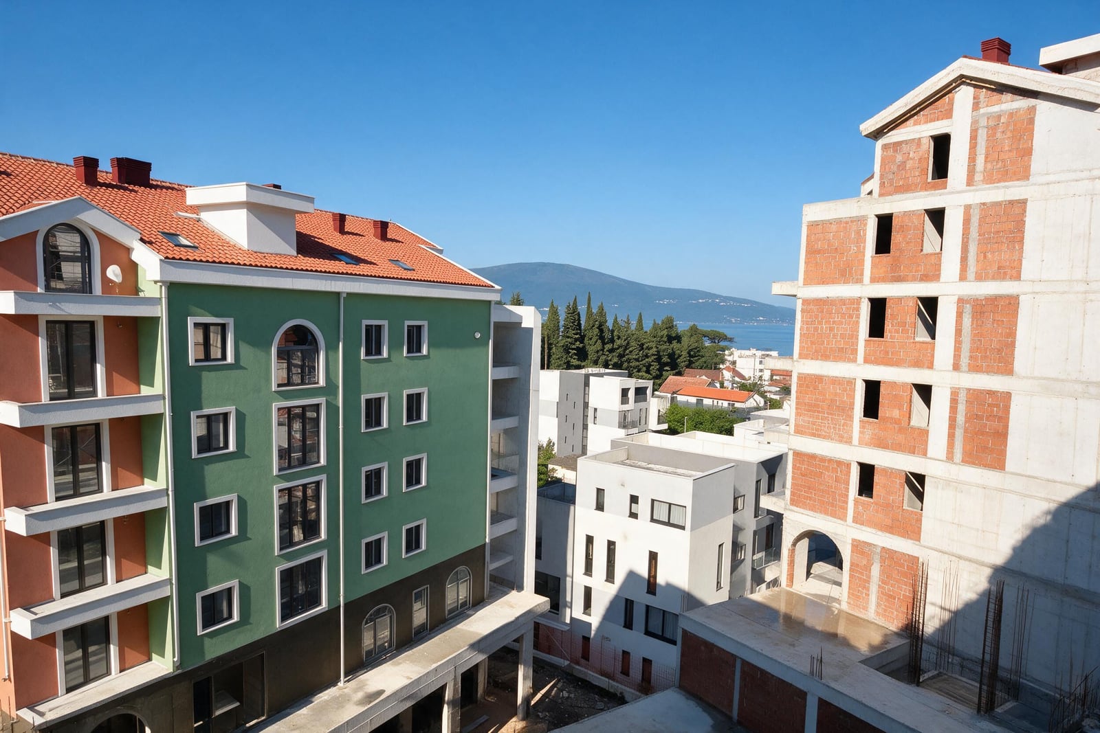 View of residential buildings with colorful facades and brickwork against sea and mountains.