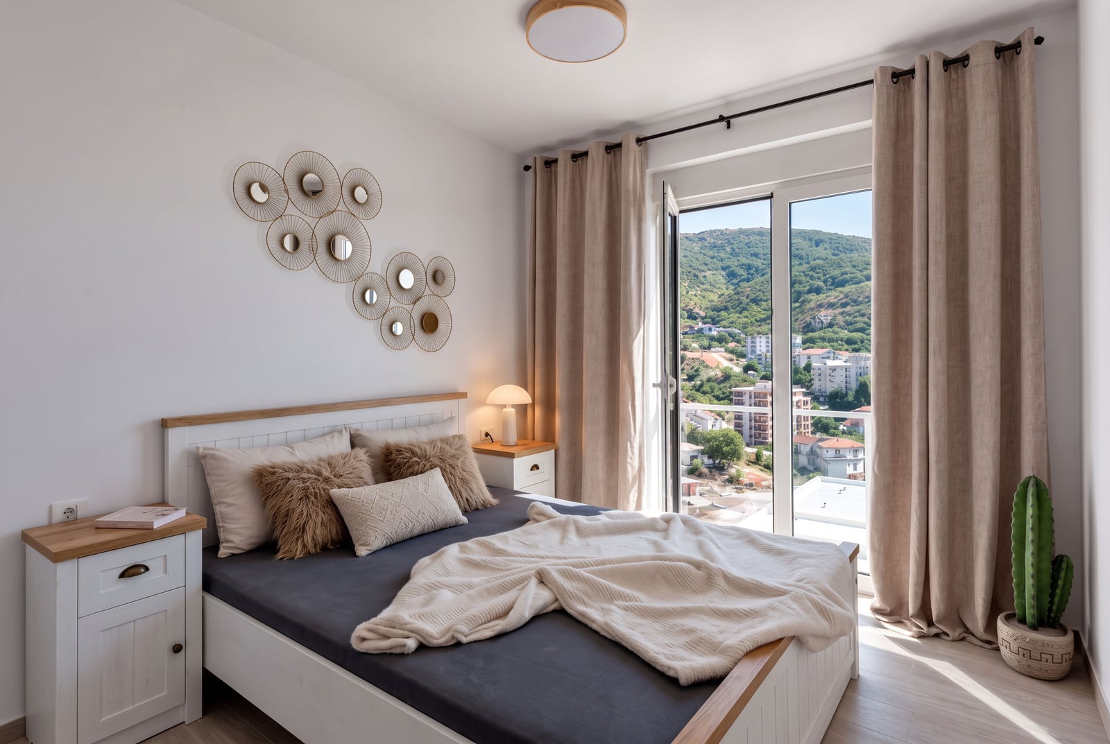 Bright bedroom featuring a white bed, decorative wall mirrors, and a scenic hill view through the window.