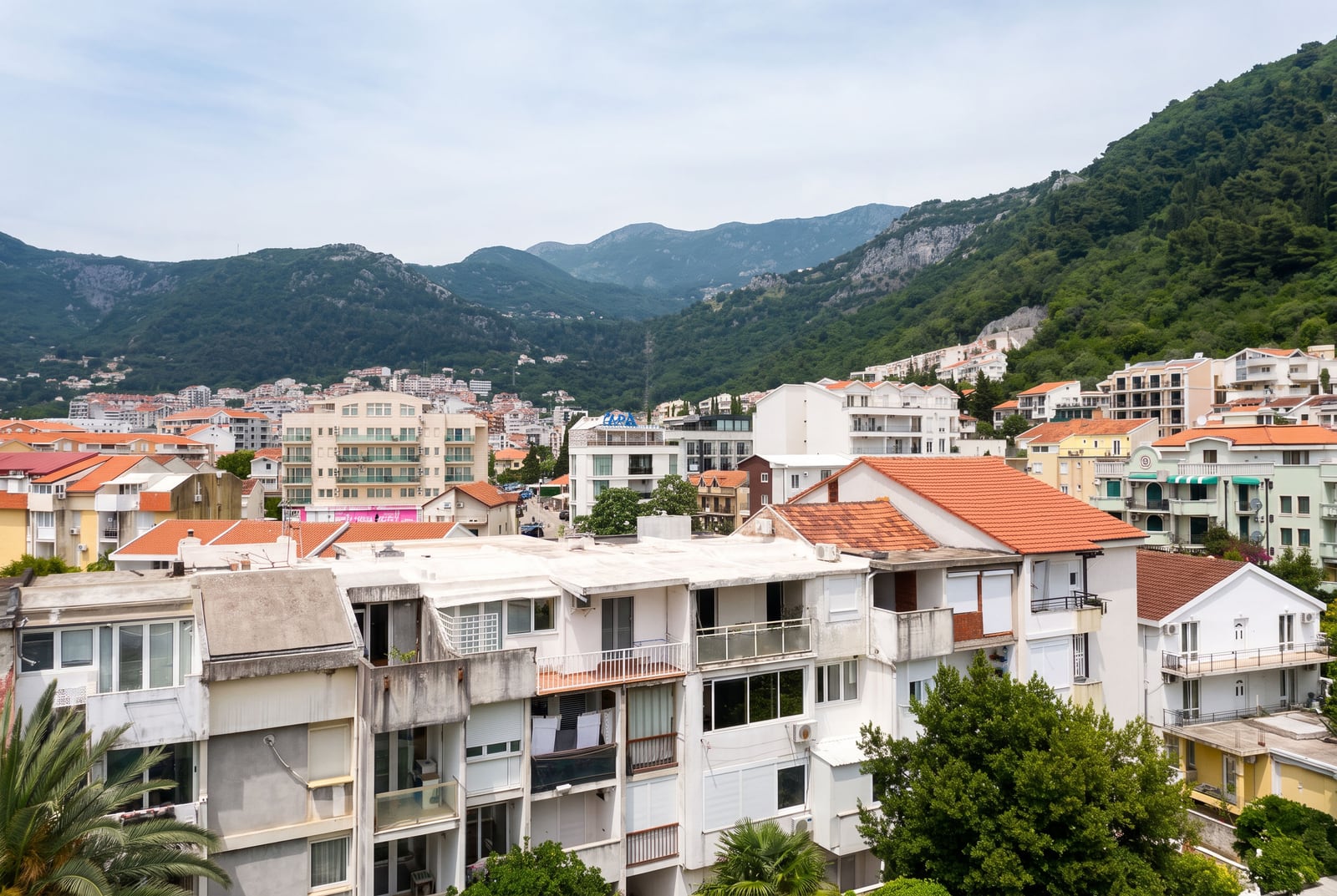 Panoramic view of city rooftops and green mountains under a cloudy sky.