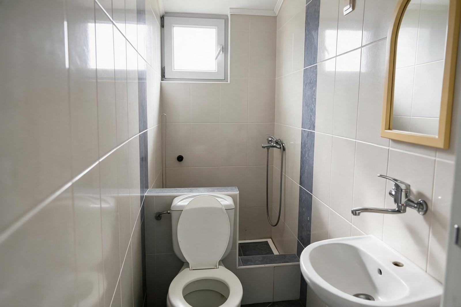 Small bathroom featuring a toilet, wall-mounted sink, handheld shower hose, and a mirror on tiled walls.