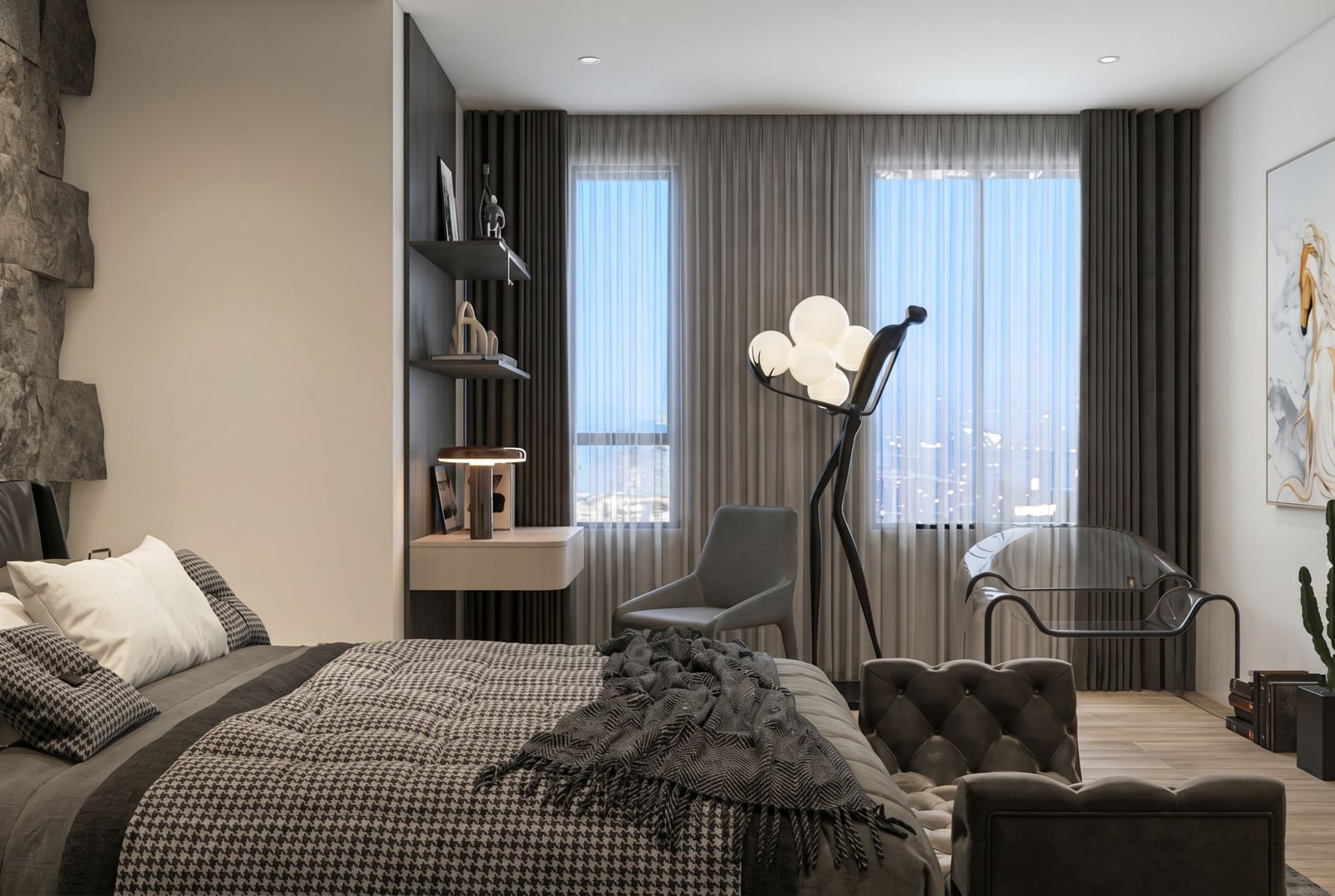 Modern bedroom in an apartment at the Bečići residential complex, Budva, Montenegro: designer furniture, stone decor, and panoramic windows.