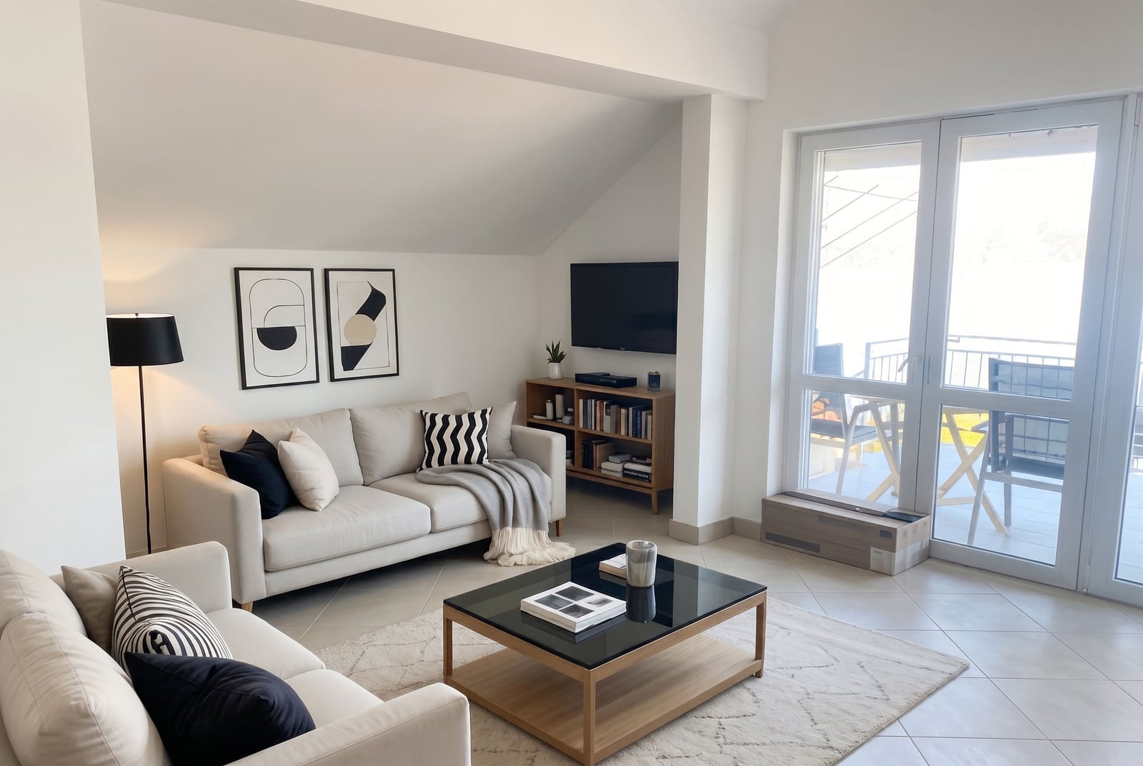 Bright living room in a modern house in Krašići, Montenegro: beige sofas, coffee table, and access to the terrace.
