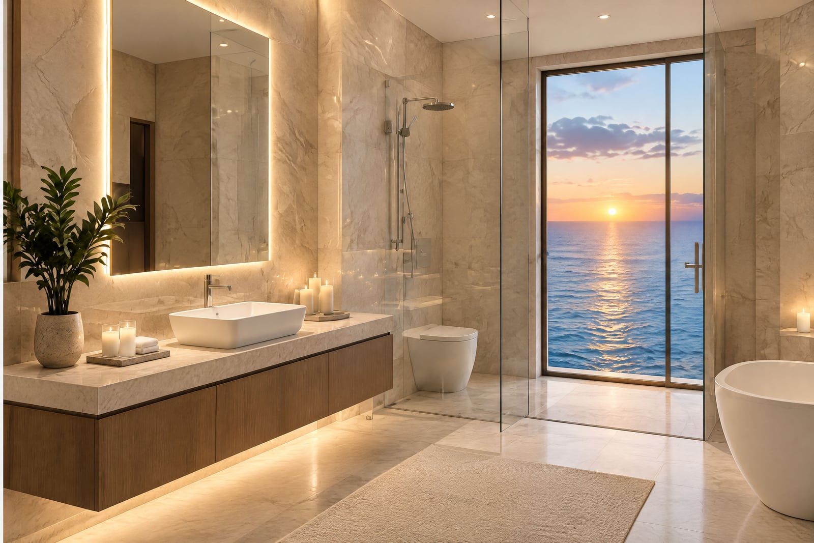 Modern bathroom with marble tiles, vessel sink, glass shower, freestanding tub, and ocean sunset view.