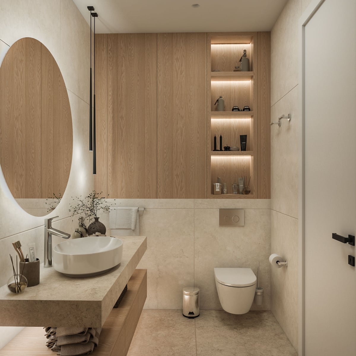 Modern bathroom with a wall-mounted toilet, round mirror, and wooden cabinetry.