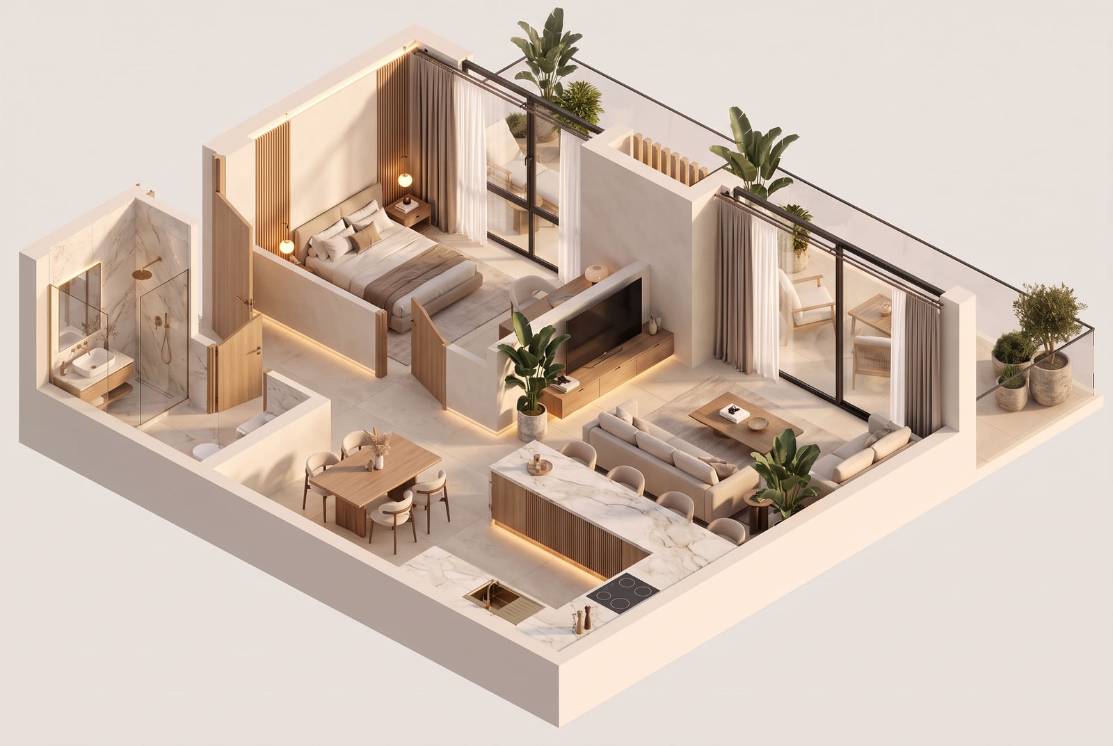 3D architectural floor plan showing a bedroom, kitchen, living room, bathroom, and balcony in a single isometric view.