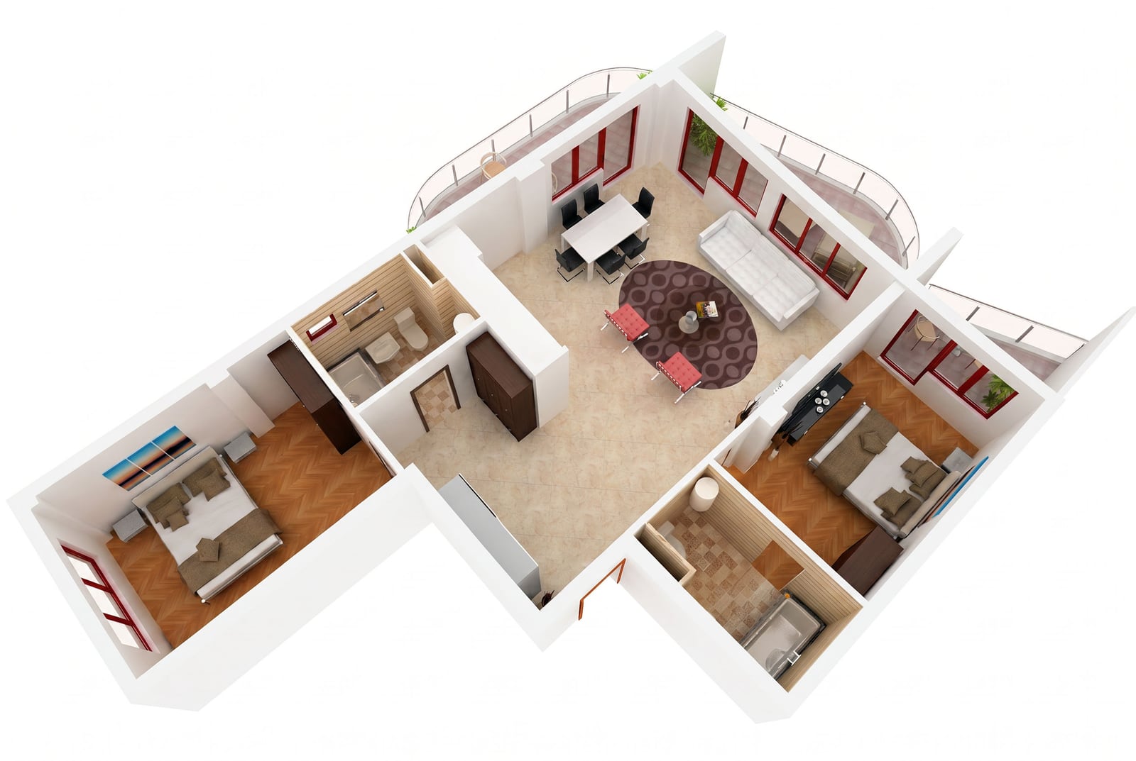 3D floor plan of an apartment in Bečići, Montenegro: two bedrooms, living room with a terrace, kitchen, and two furnished bathrooms.