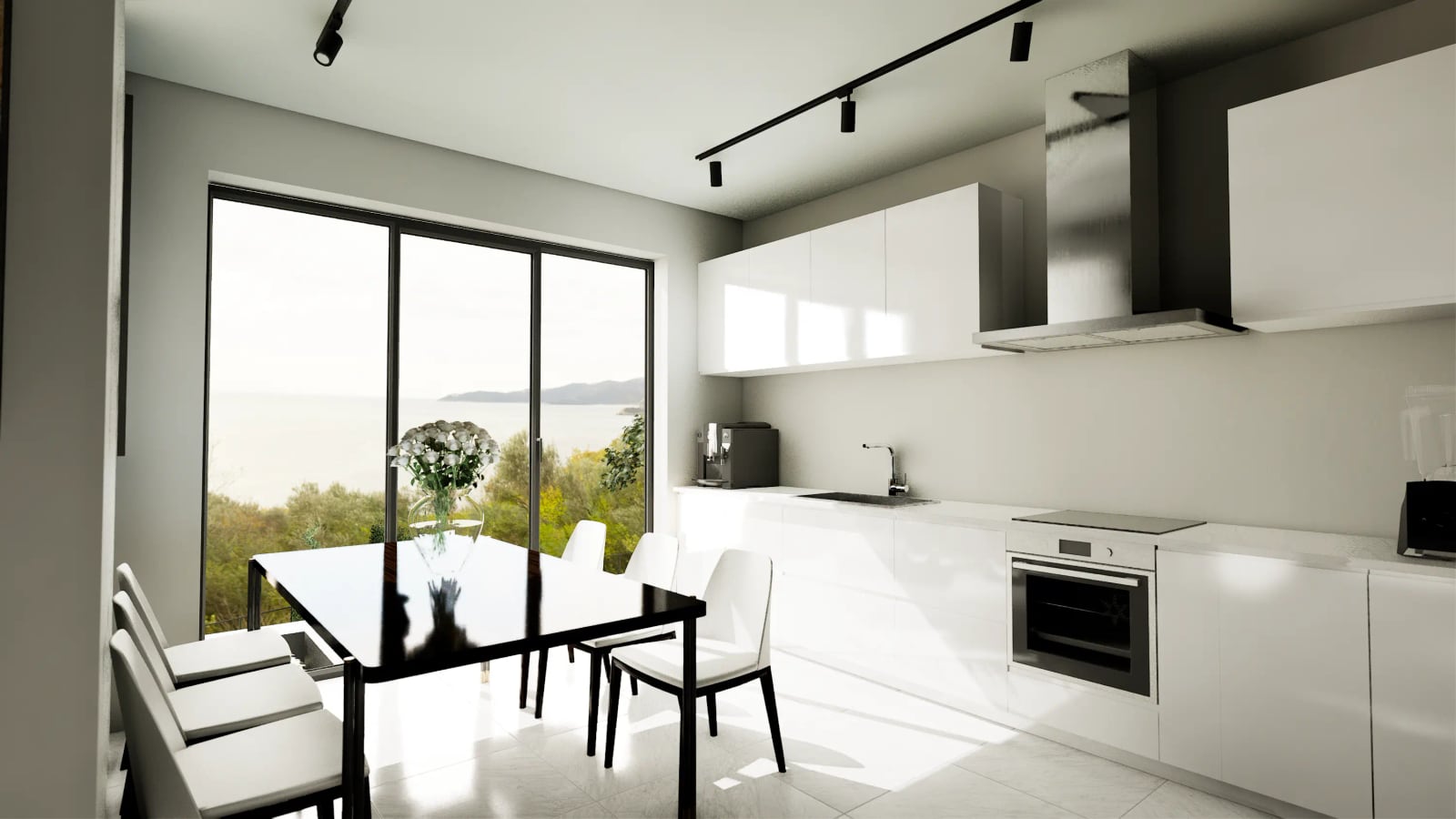 Modern kitchen in a townhouse in Blizikuće, Reževići, Montenegro: panoramic sea view, white cabinetry, and dining area.