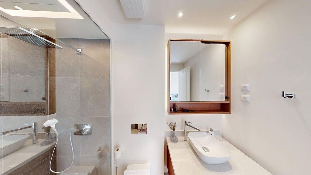 Modern bathroom in an apartment, Luštica, Montenegro: shower cabin, countertop sink, and mirrored cabinet.