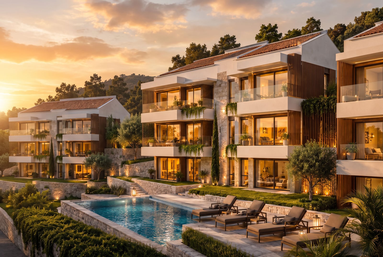 Modern residential complex exterior with swimming pool and balconies at sunset.