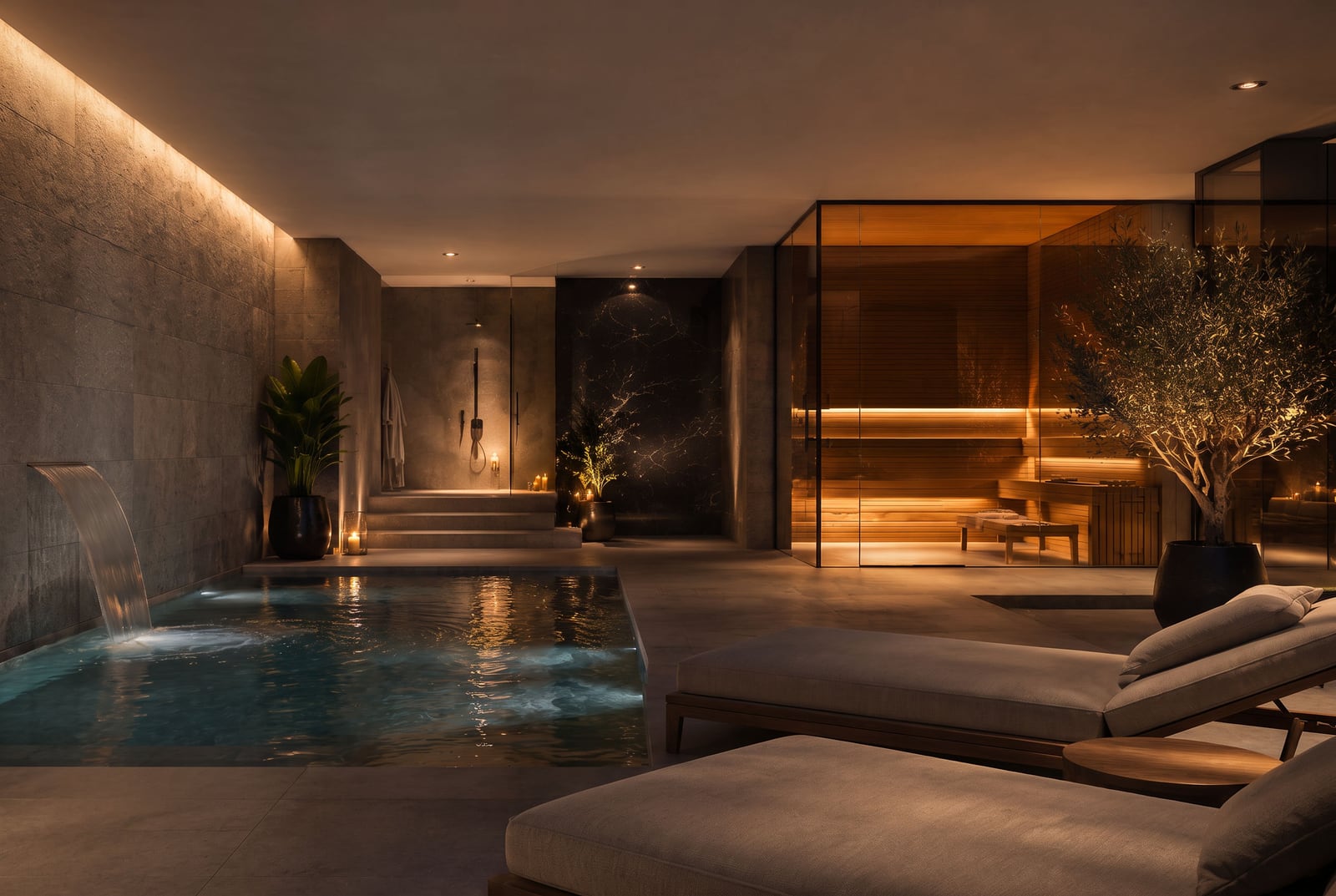 Indoor pool with waterfall feature, lounge chairs, and a glass-enclosed wooden sauna area.