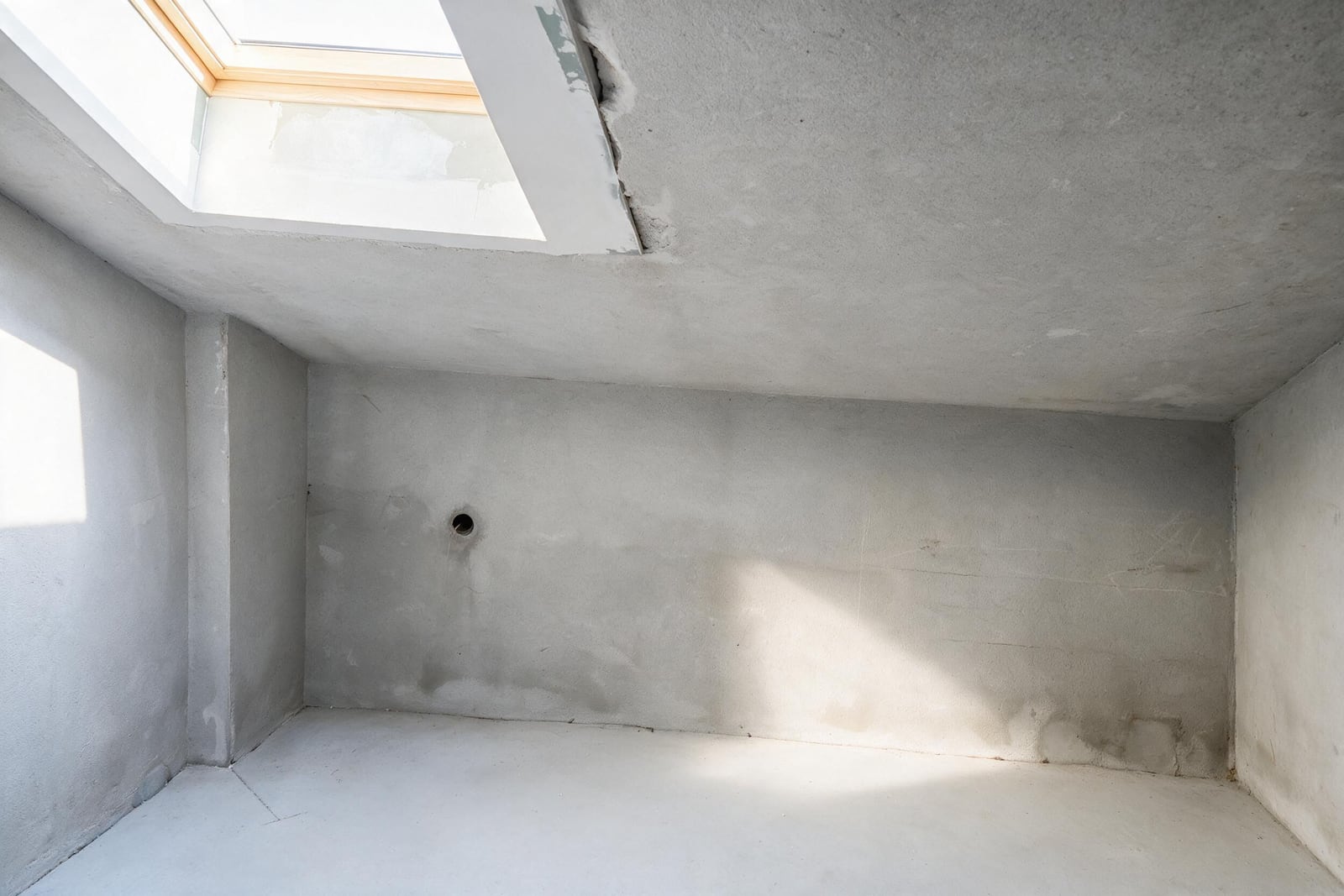 Unfinished room with bare concrete walls, a skylight window, and a pipe hole in the back wall.