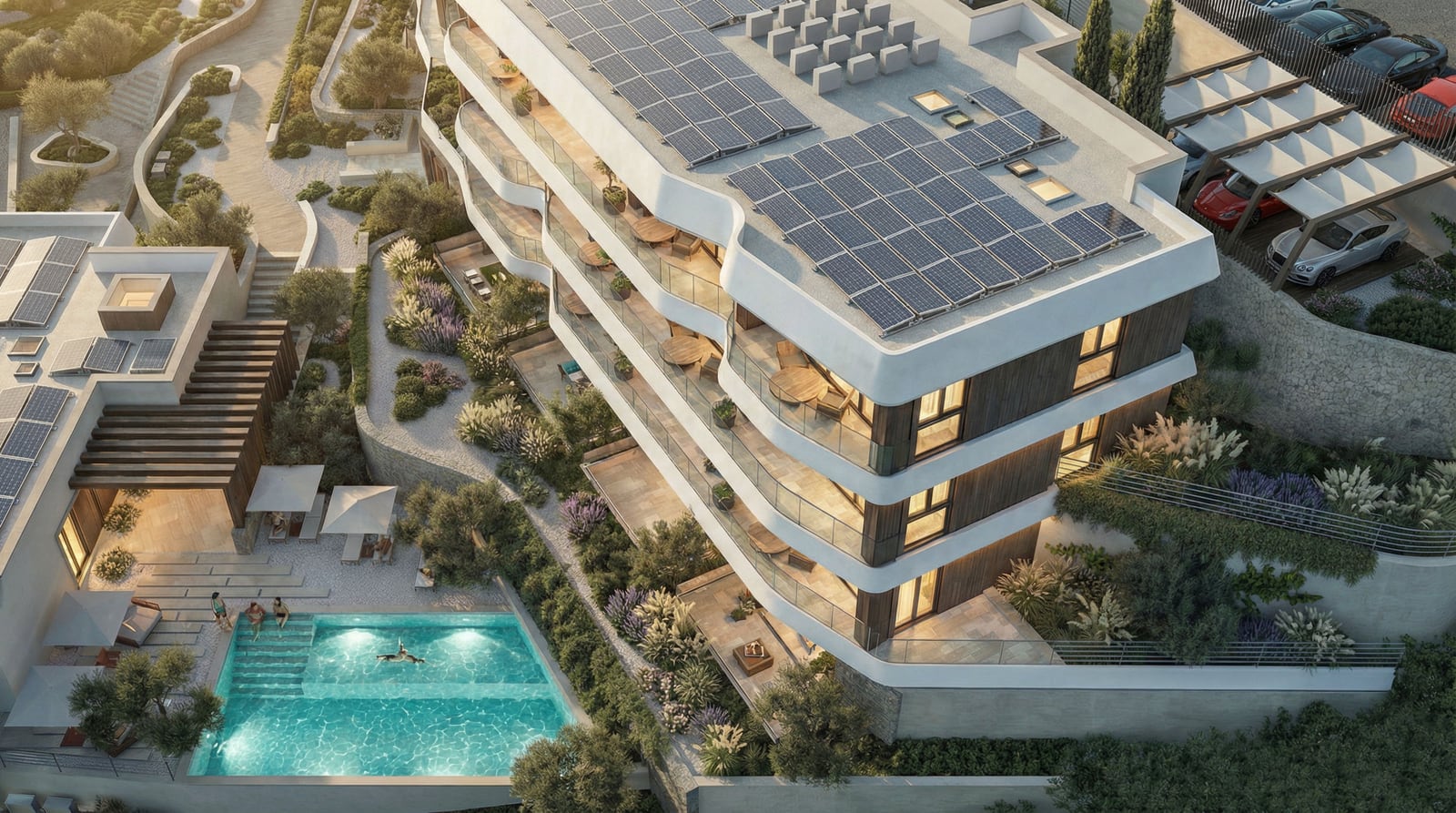 Aerial view of a modern residential complex featuring a swimming pool, curved balconies, and rooftop solar panels.
