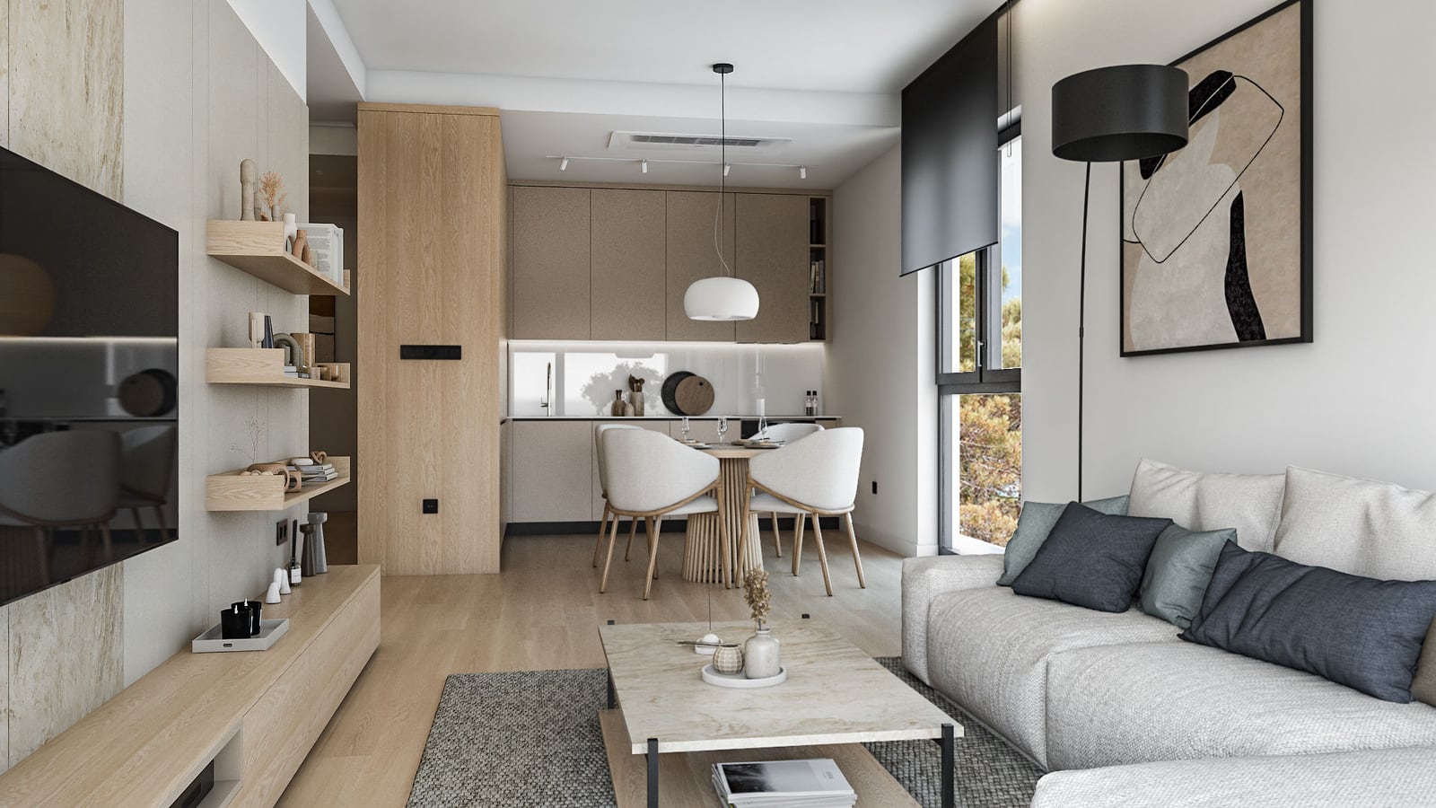 Modern living room with a sofa, TV unit, and open kitchen visible in the background.