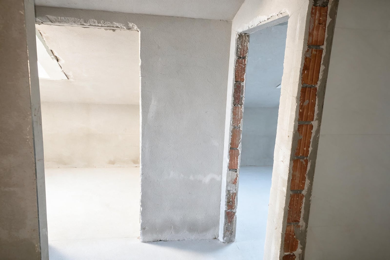 Unfinished renovation: white plastered walls, open doorways with exposed red brickwork visible inside the frames.