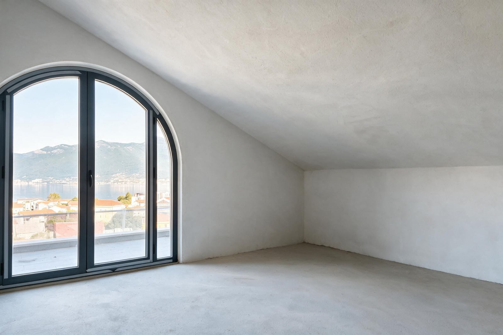 Empty room with a sloped ceiling and arched window overlooking water and mountains.