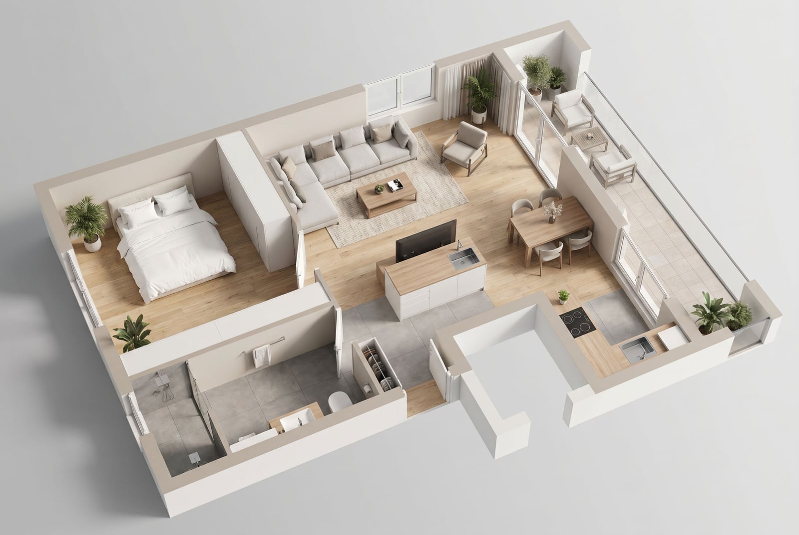 3D floor plan of an apartment in Tivat, Montenegro: living room, bedroom, kitchen, and terrace with modern furniture and finishes.