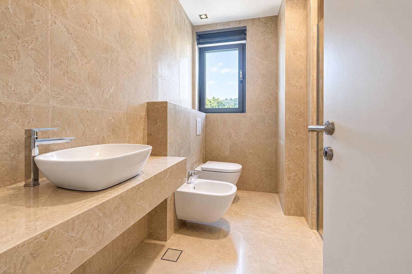 Modern bathroom with beige tiles, vessel sink, wall-mounted toilet, and bidet near a window.