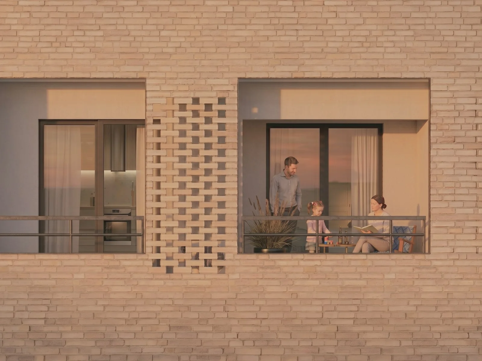 Light brick building facade featuring balconies and large windows where a family is visible inside.